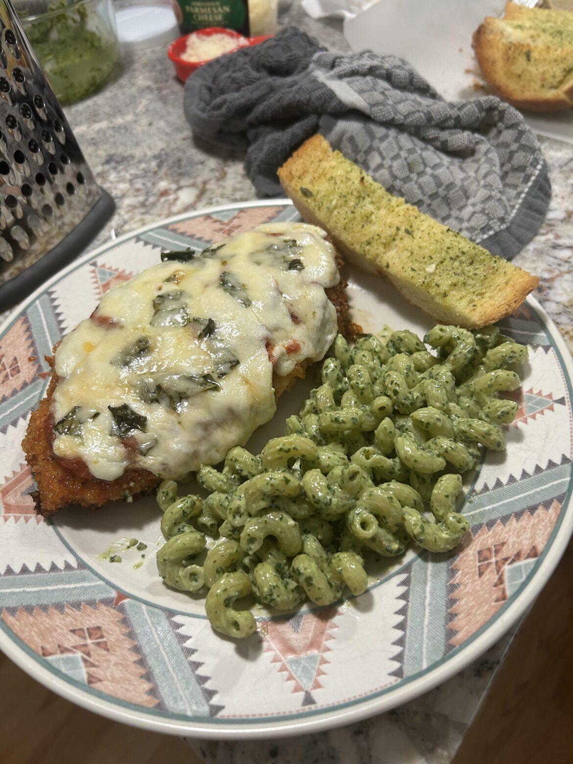 Chicken Parm, Pesto Cavatappi and Garlic Bread!