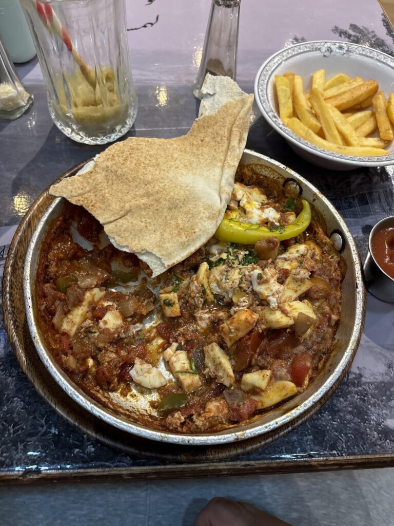 [I ate] Palestinian halloumi shakshuka + knafeh