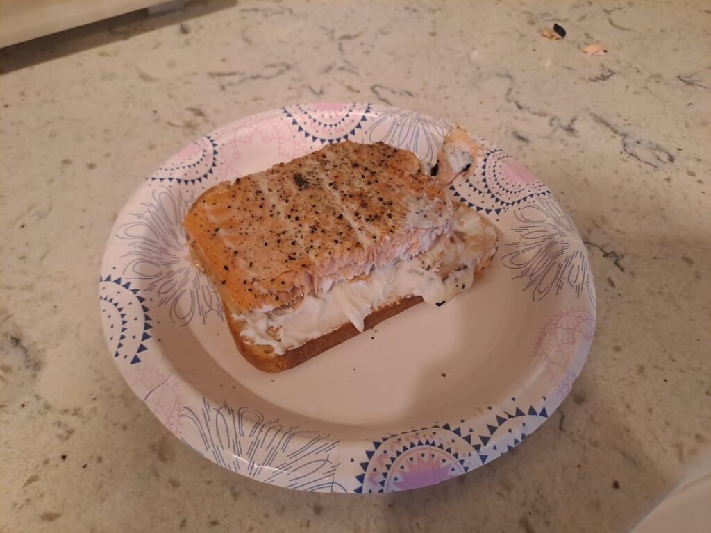 my girlfriend made toast with salmon and... Greek yogurt.