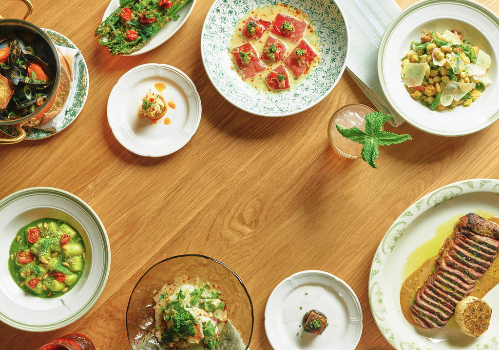 various menu items from tuna crudo to pasta from la serre