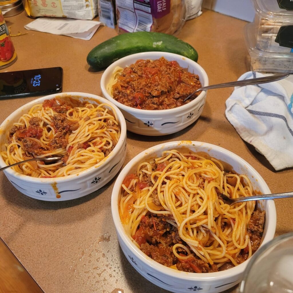 Spaghetti bolognese and sauteed farm stand veggies tonight :]