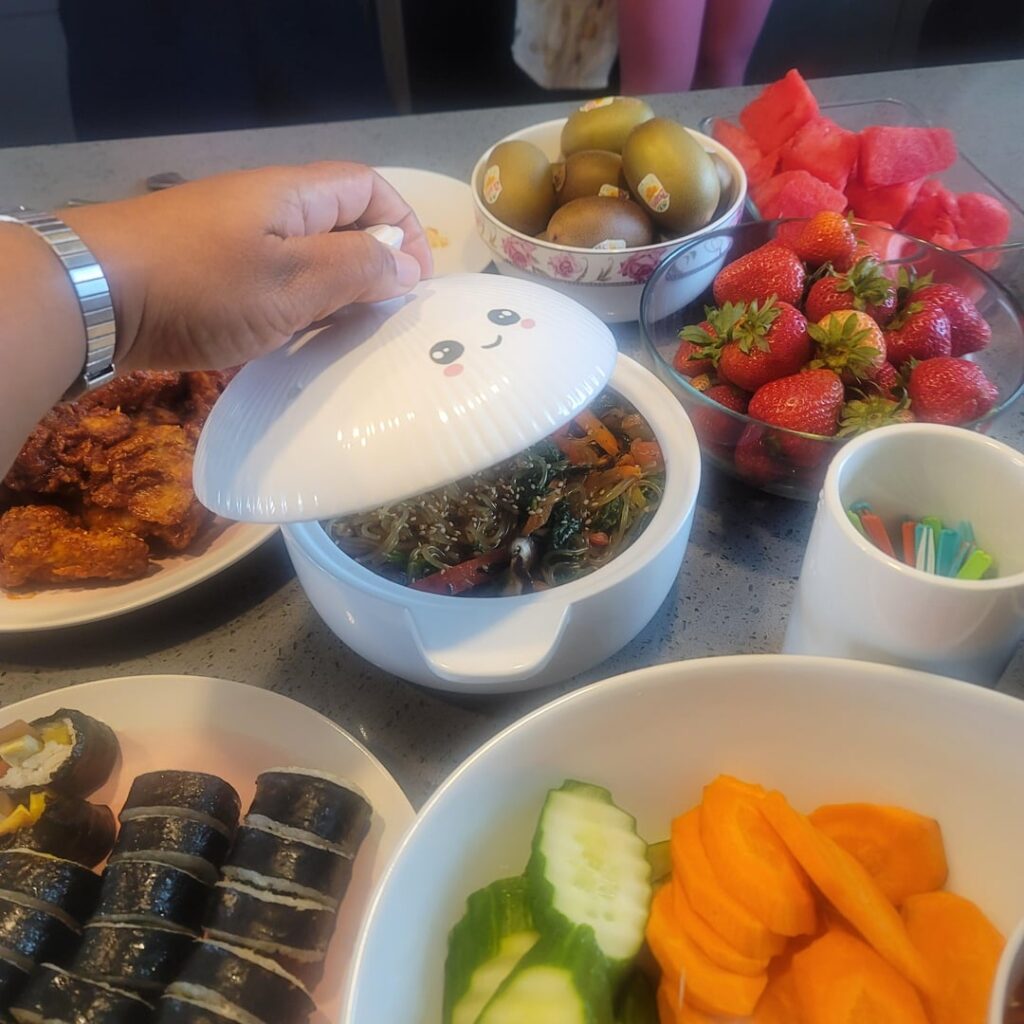 I made Ssamjang with veggies and Japchae for a friend's 'Kpop Demon Hunters' watch party.