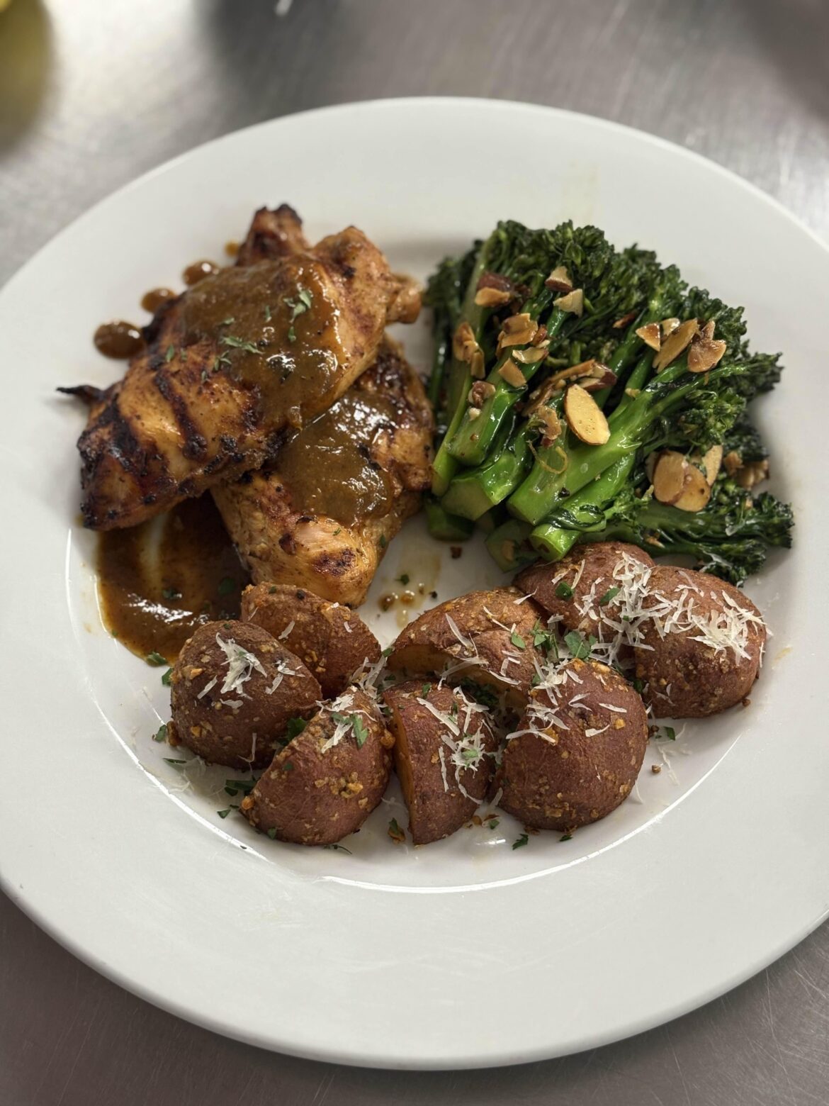 Smothered Grilled Chicken + Red Roasted Potatoes + Almond Topped Broccoli