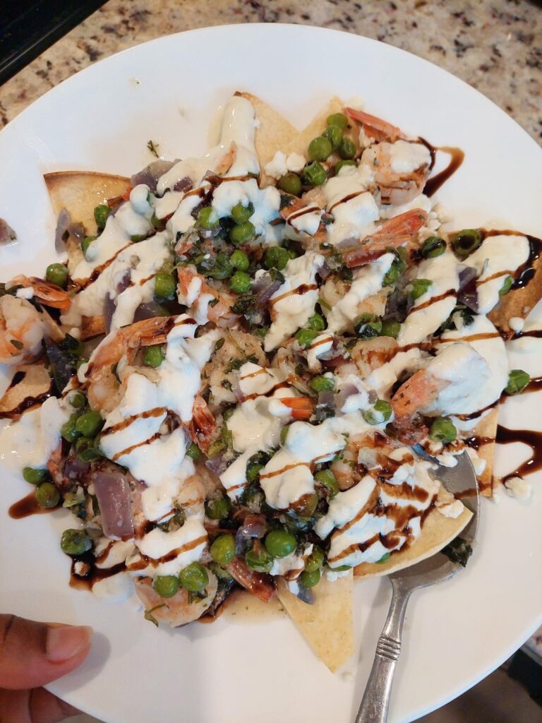 SHRIMP NACHOS 55p, >400 cals