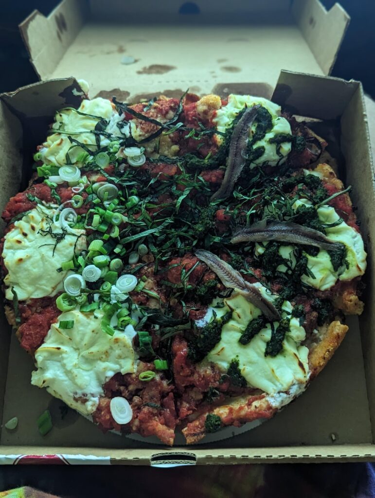 Call me crazy but green onion and ricotta is amazing on deep dish pizza