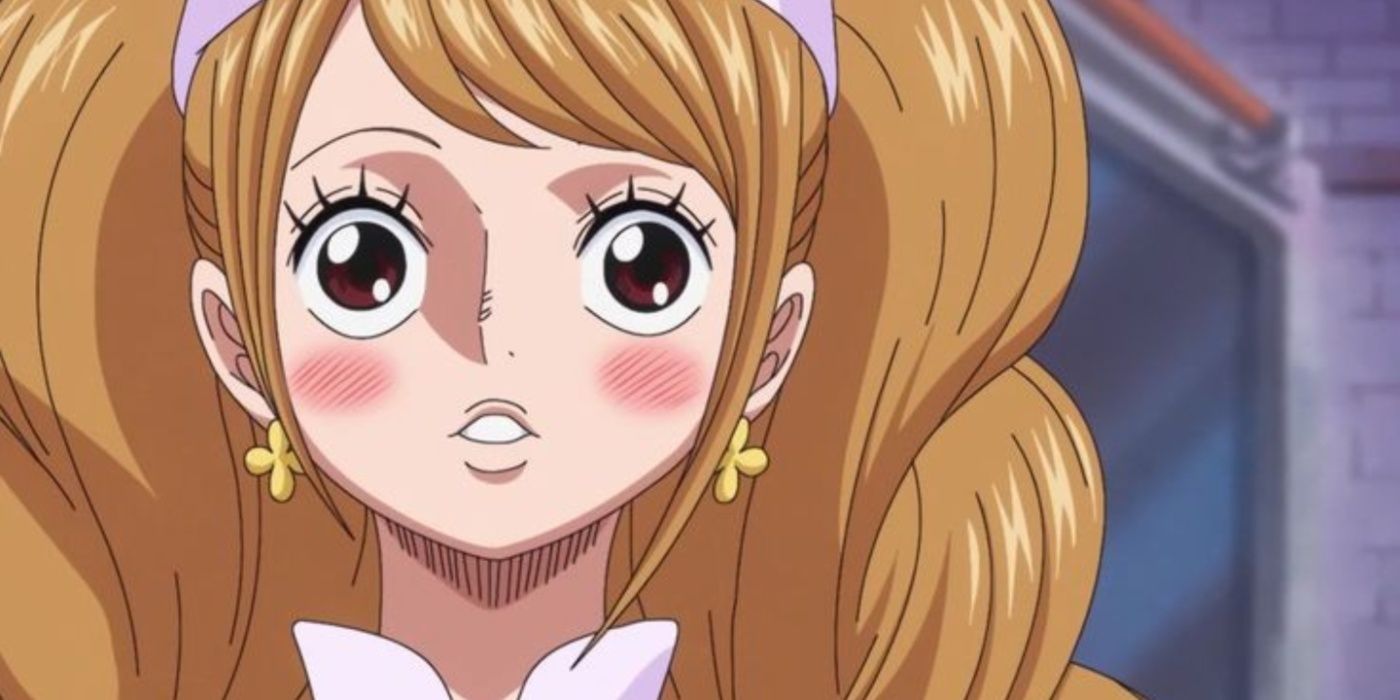 Charlotte Pudding blushes while cooking with Sanji in One Piece.