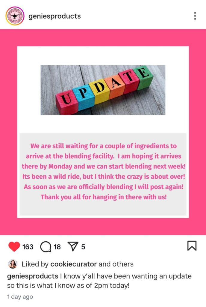 Update on Genie's Dream meringue powder production; hopefully they'll be back to normal in the next couple weeks!