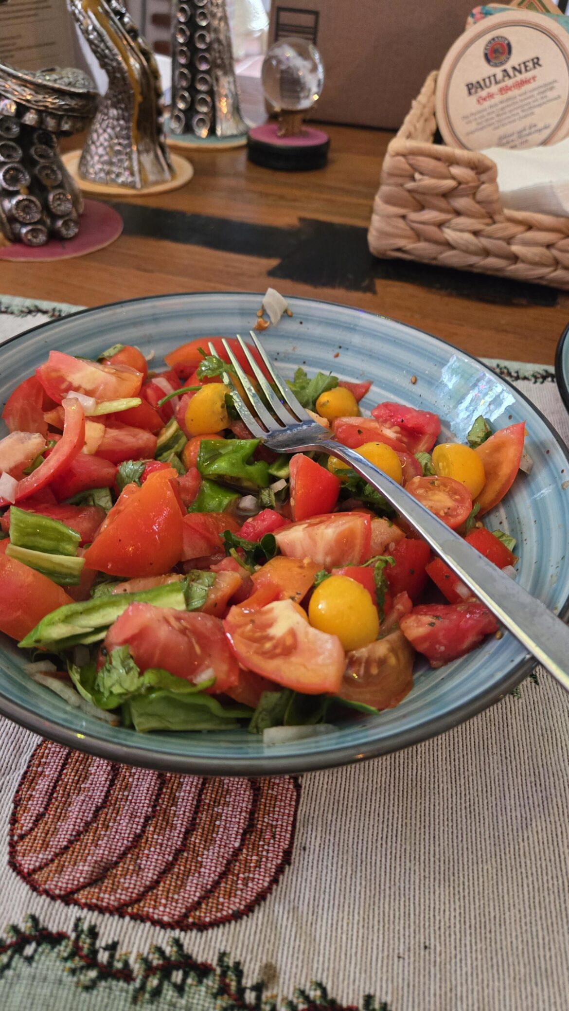 I grew everything in this salad in my garden (except the olive oil and vinegar dressing): tomatoes, peppers, basil, cilantro, and onion are all me