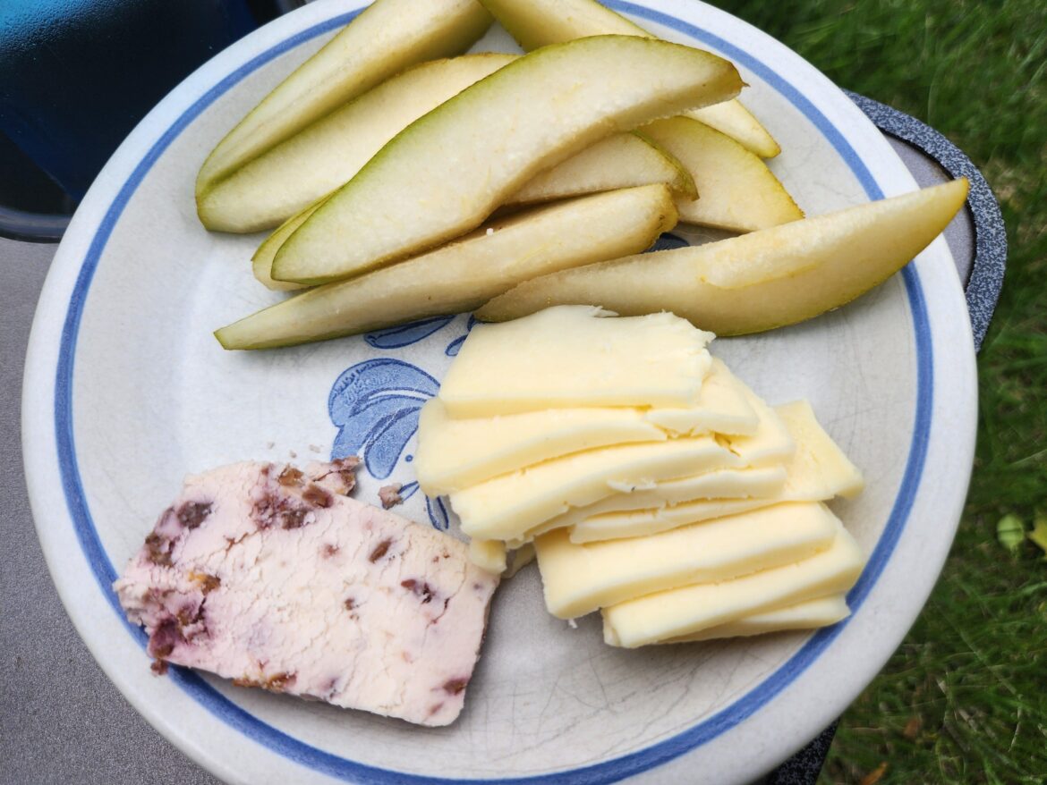 Delicious cheesy lunch: Havarti and Raspberry White Stilton with a pear.