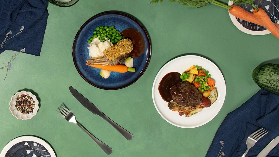 Mustard-crusted lamb served with tender turnips, peas and baby carrots