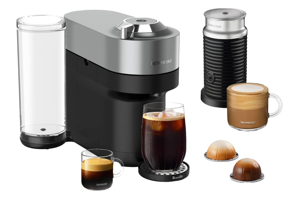 A Nespresso coffee machine and cups of coffee