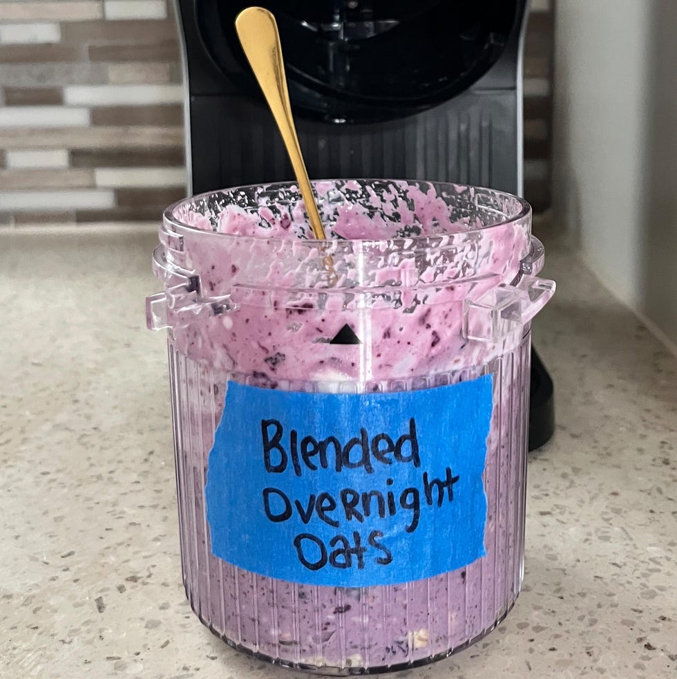 container of blended overnight oats next to a kitchen appliance