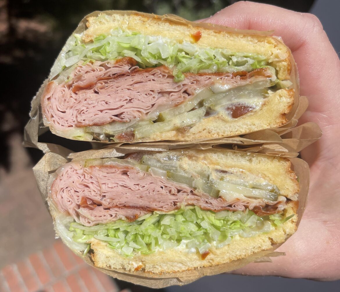 [homemade] Griddled mortadella and provolone, dijonnaise, dill pickles, iceberg, tomato, brioche