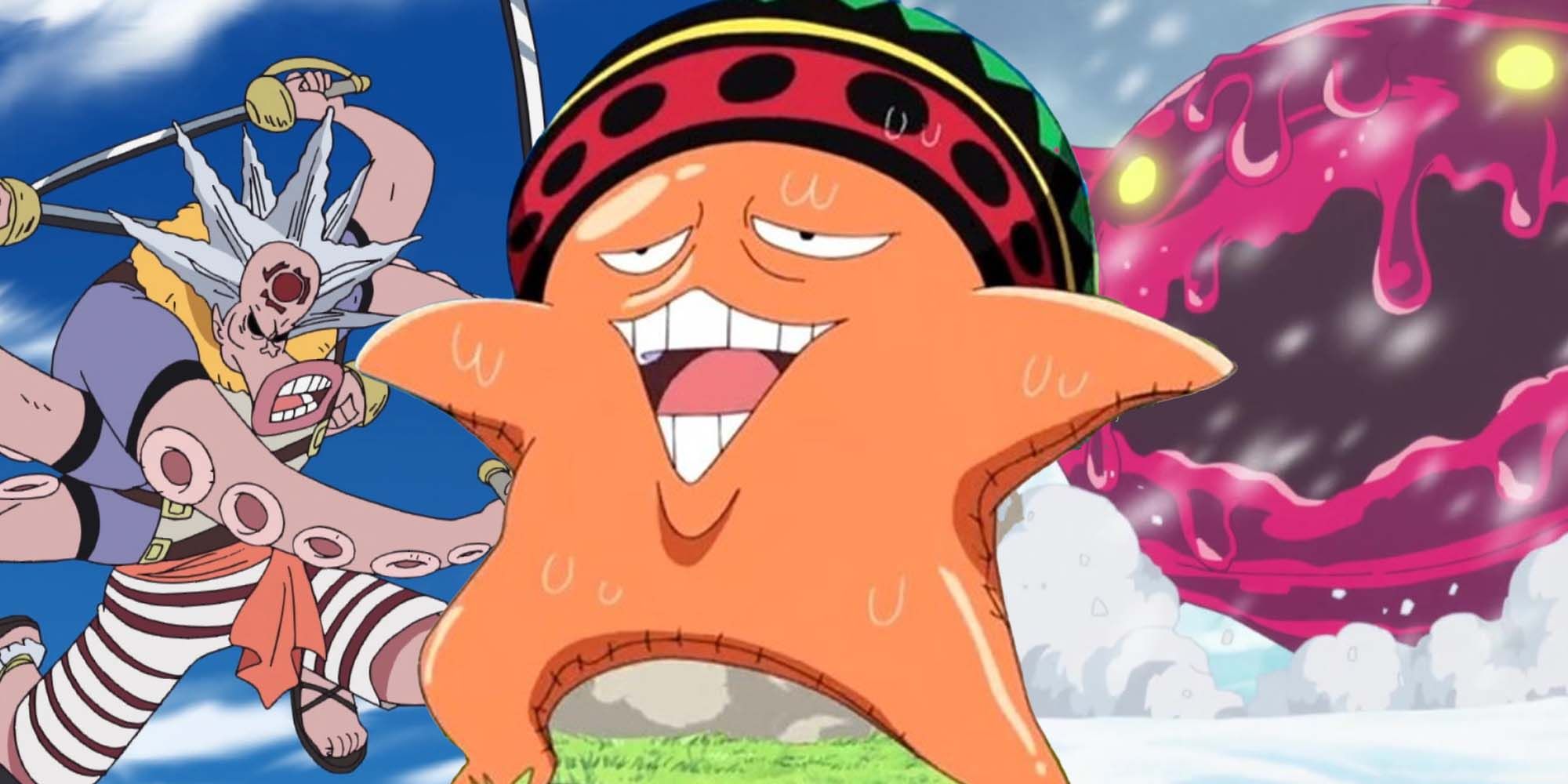 One Piece collage of Hachi and Smiley flanking Pappag