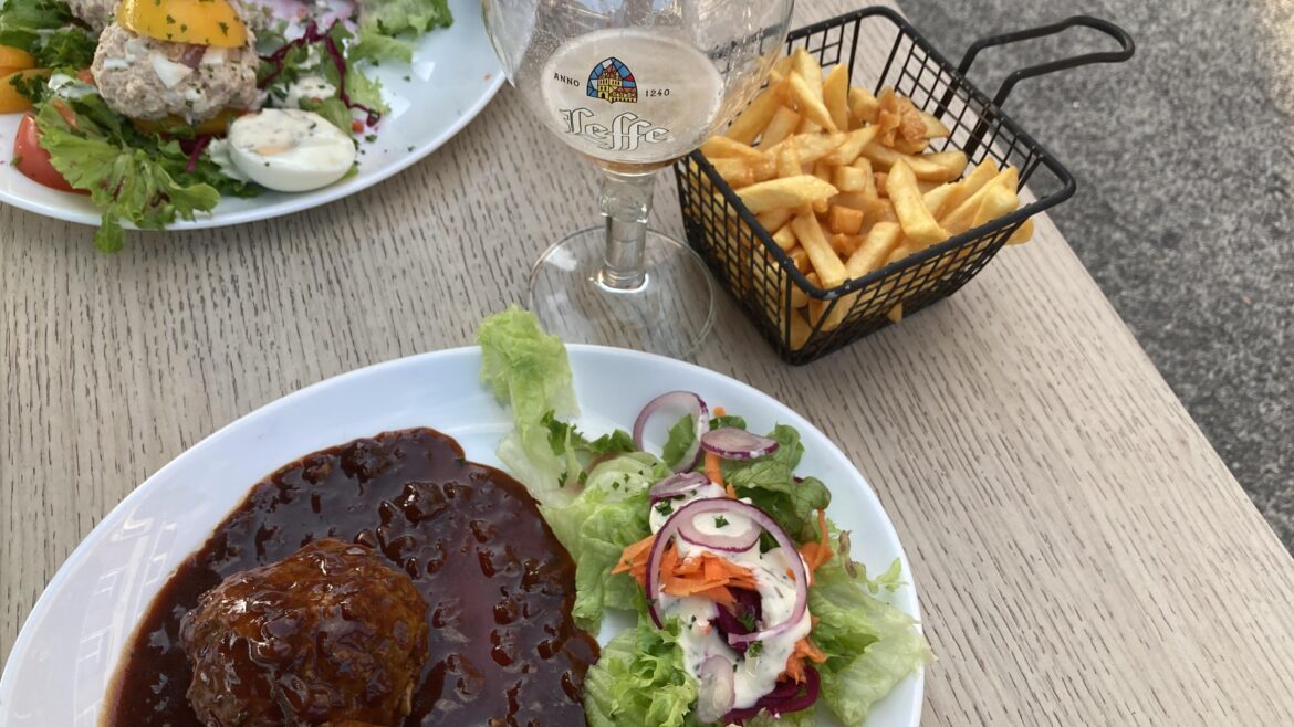 Boulettes sauce Liégeoise at Café Leffe in Dinant, Belgium