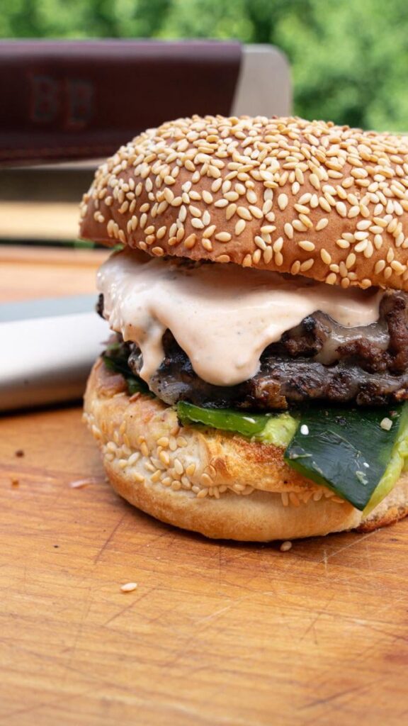 Tex Mex Smashburgers w/ Fire-Roasted Poblanos & Chipotle Lime Cream Sauce