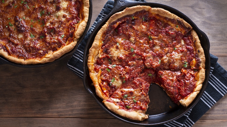 Aerial shots of deep dish pizza in skillet