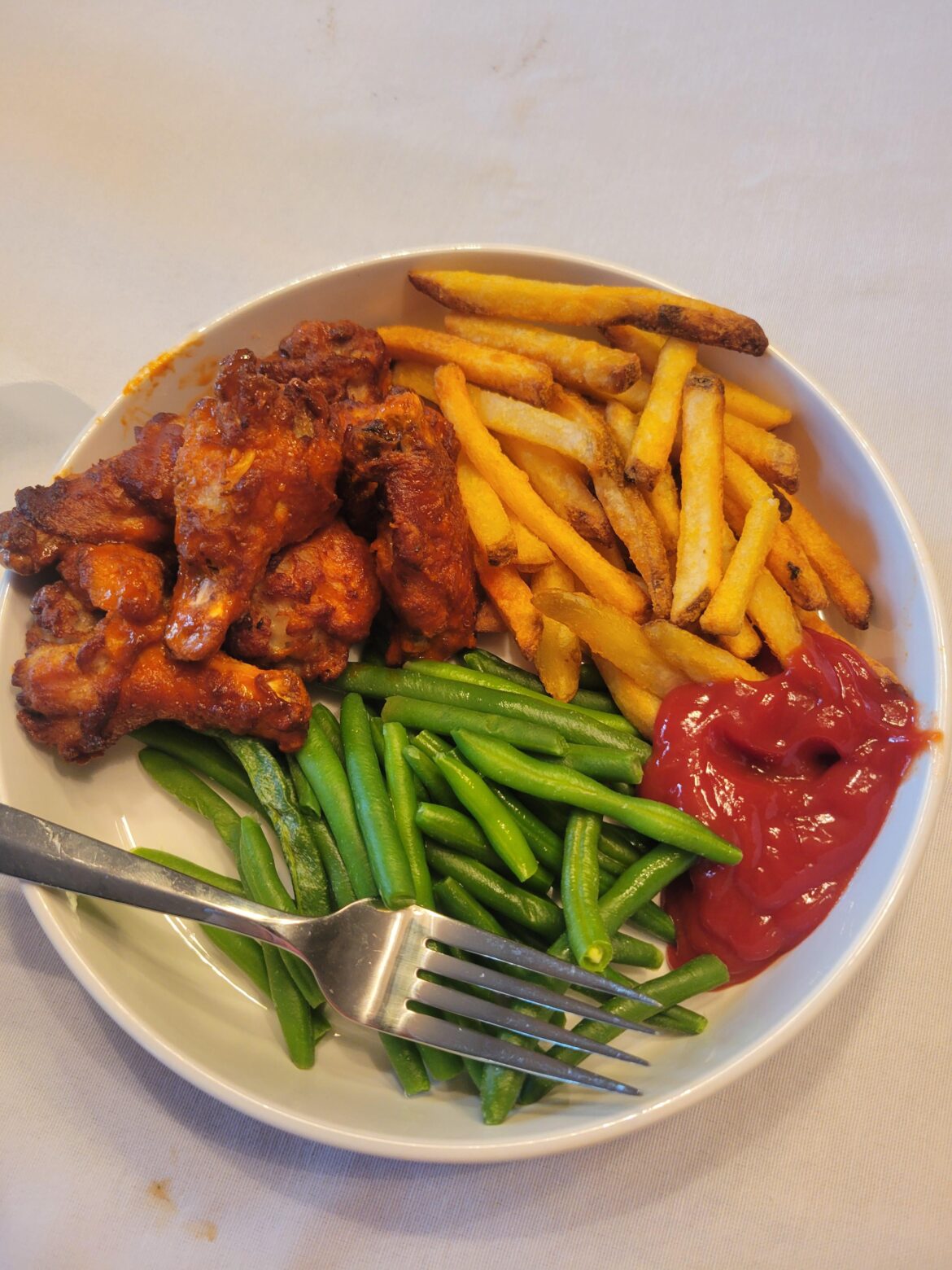 Chicken wings, French fries, green beans