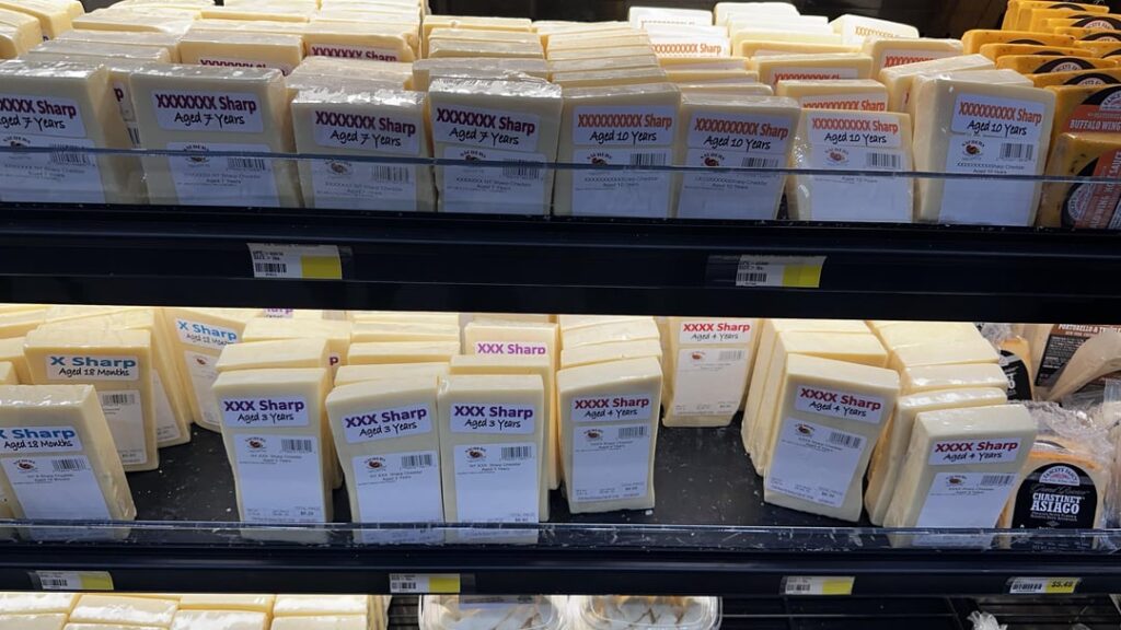 The lineup of cheddars at a Dutch market I stopped at.