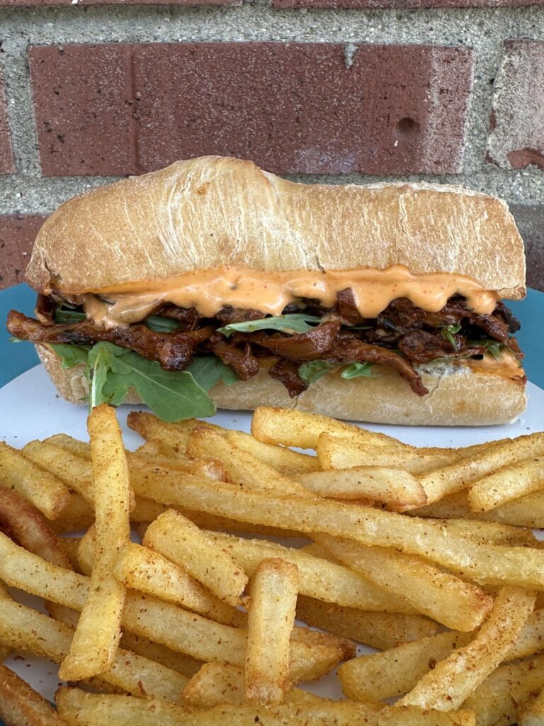 I made a pulled mushroom sandwich with spicy peri peri fries