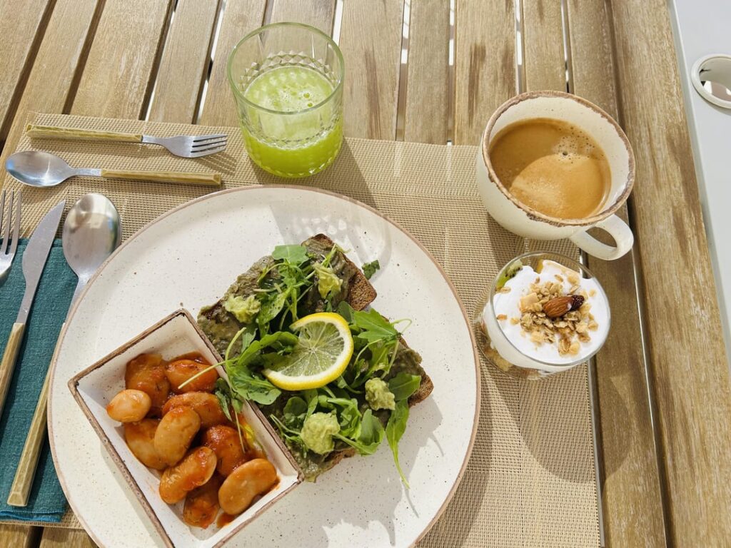 Full vegan breakfast at MOD Vegan Hotel in Santorini, Greece