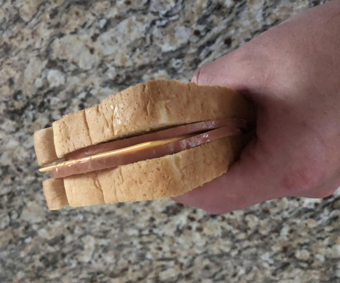 Simple; and always take me back to 90s elementary school, opening up the lunchbox and finding this treasure inside.  Bologna and gubment cheese on white bread