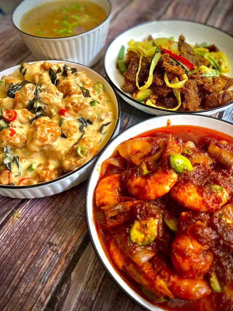 Tonight's dinner. Sambal Udang Petai, Daging Goreng Kunyit, Sup Kosong & Spicy Milky Chicken