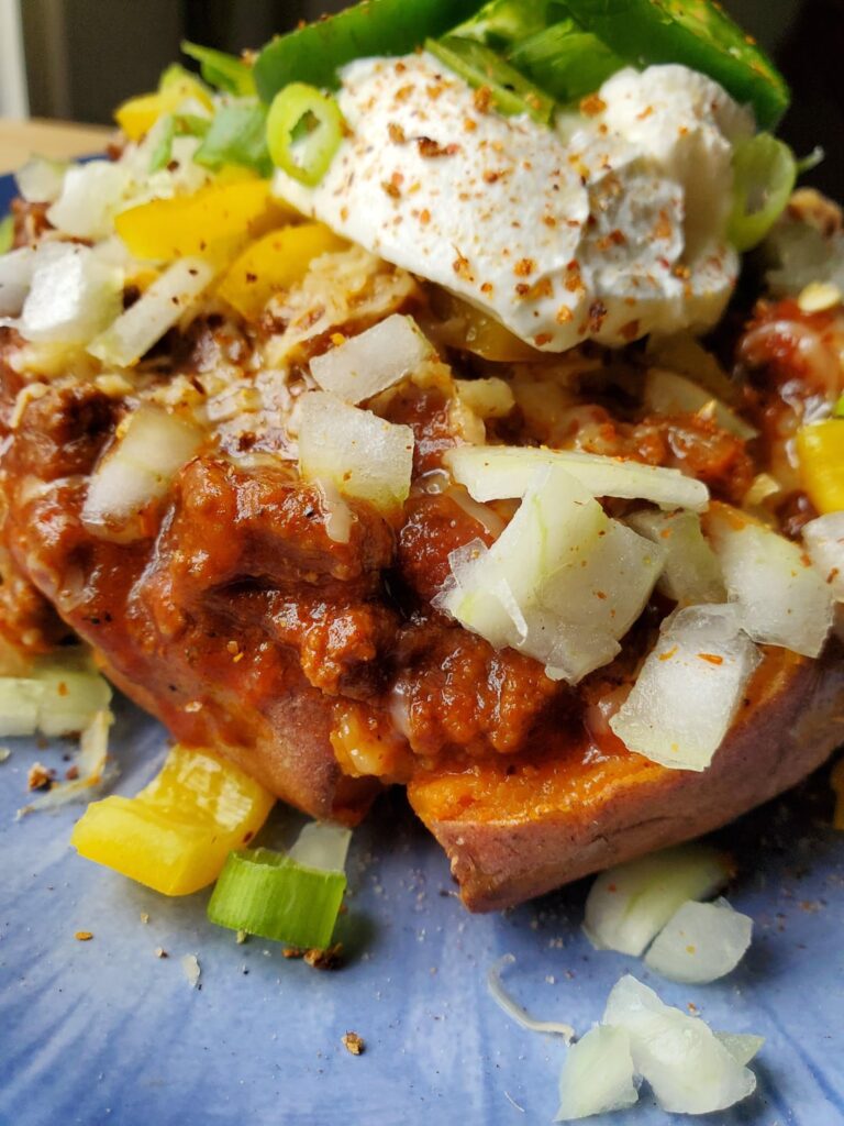 Single girl's meal tonight. Loaded sweet potato with homemade chili