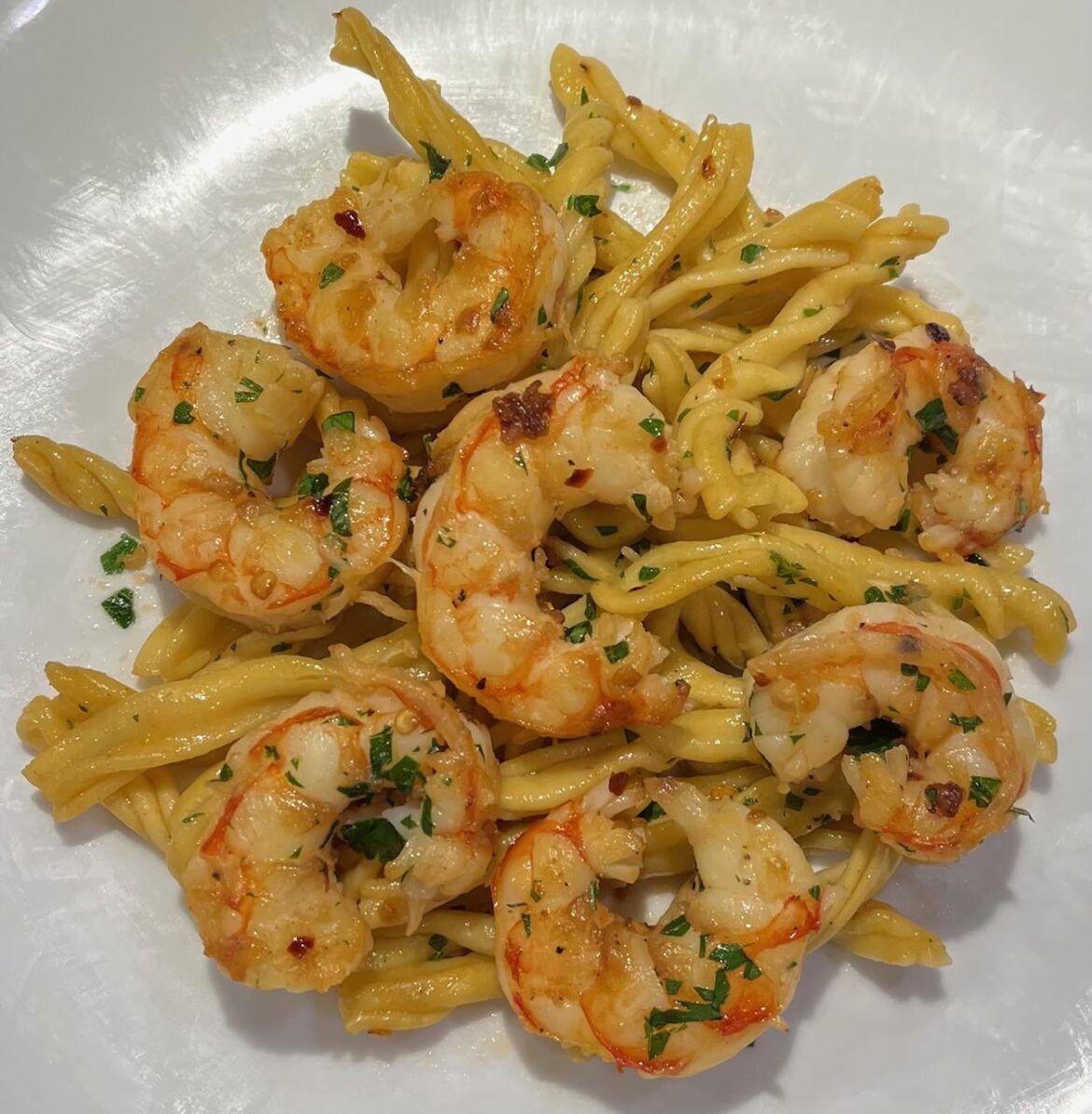 Homemade fusilli with shrimp