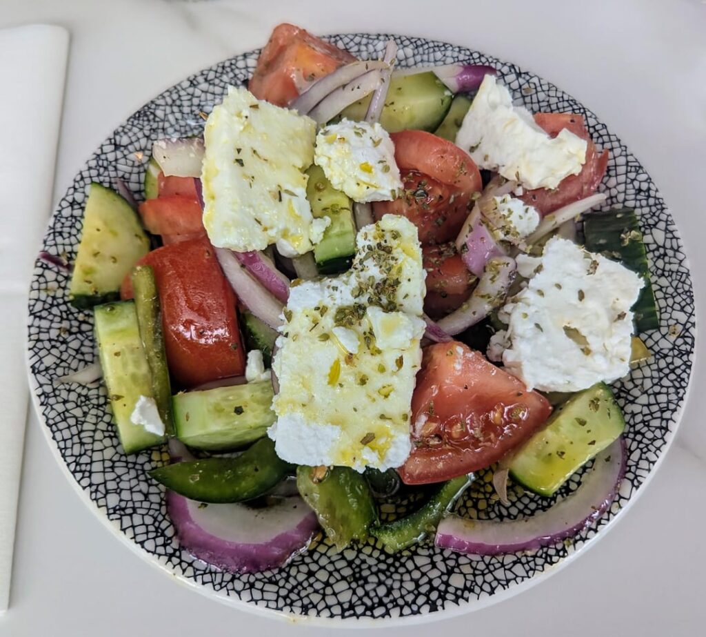 Pork Souvlaki Dinner, Horiatiki/ Village Salad, and a Frappe (Greek Iced Coffee) at Mezes on the Danforth