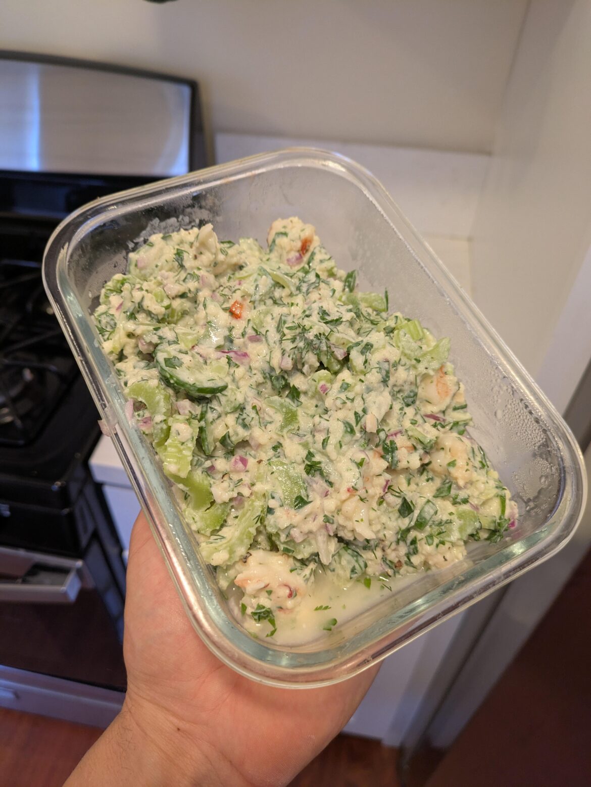 Chilled shrimp, yogurt and couscous salad (400 calories, 44g protein, 42g carb, 3g fat)