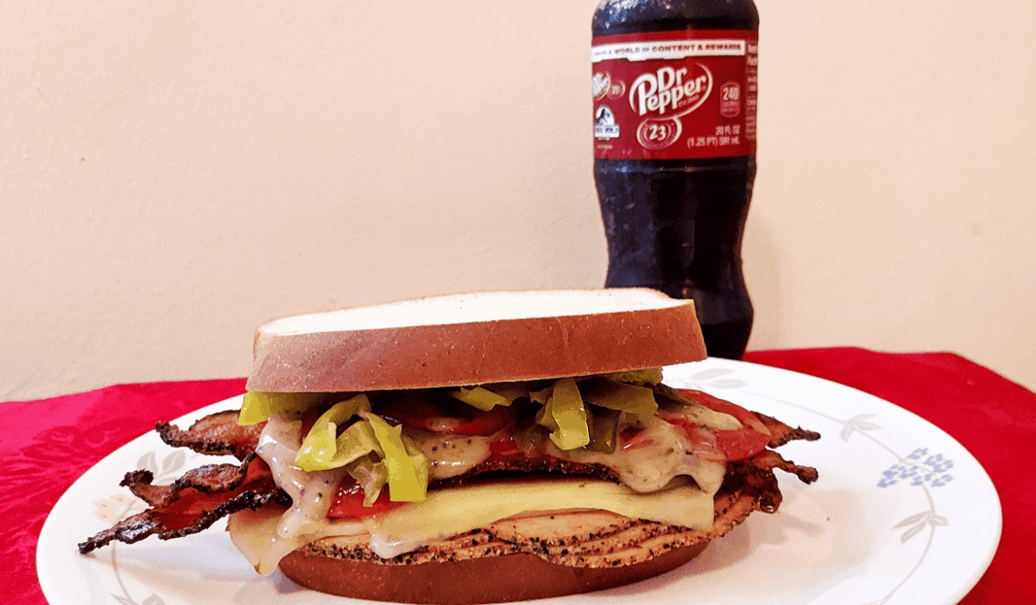Pepper Turkey, Pepper Bacon, Pepperoni, Pepper Jack cheese, Pepper strips, Pepperoncinis, and Cracked Pepper ranch dressing on Pepperidge Farm Sweet Hawaiian bread.