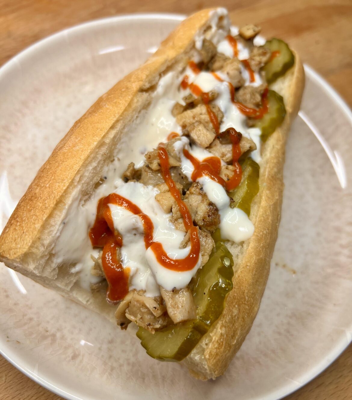 Halal cart chicken on toasted baguette