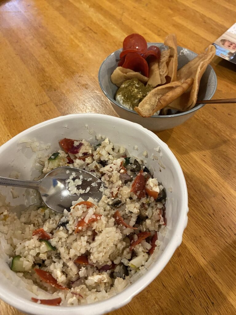 MASSIVE DINENR: Italian Style Cauliflower Rice, Homemade Labneh, and Pita Chips
