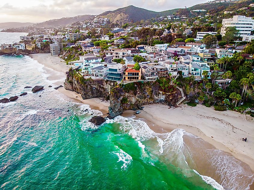 Aerial view of luxury buildings at the coast of Laguna Beach, California.
