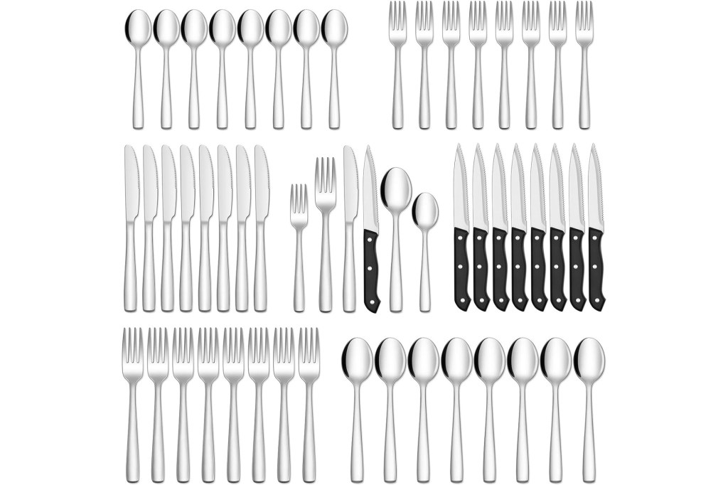 A group of silverware with knives and forks