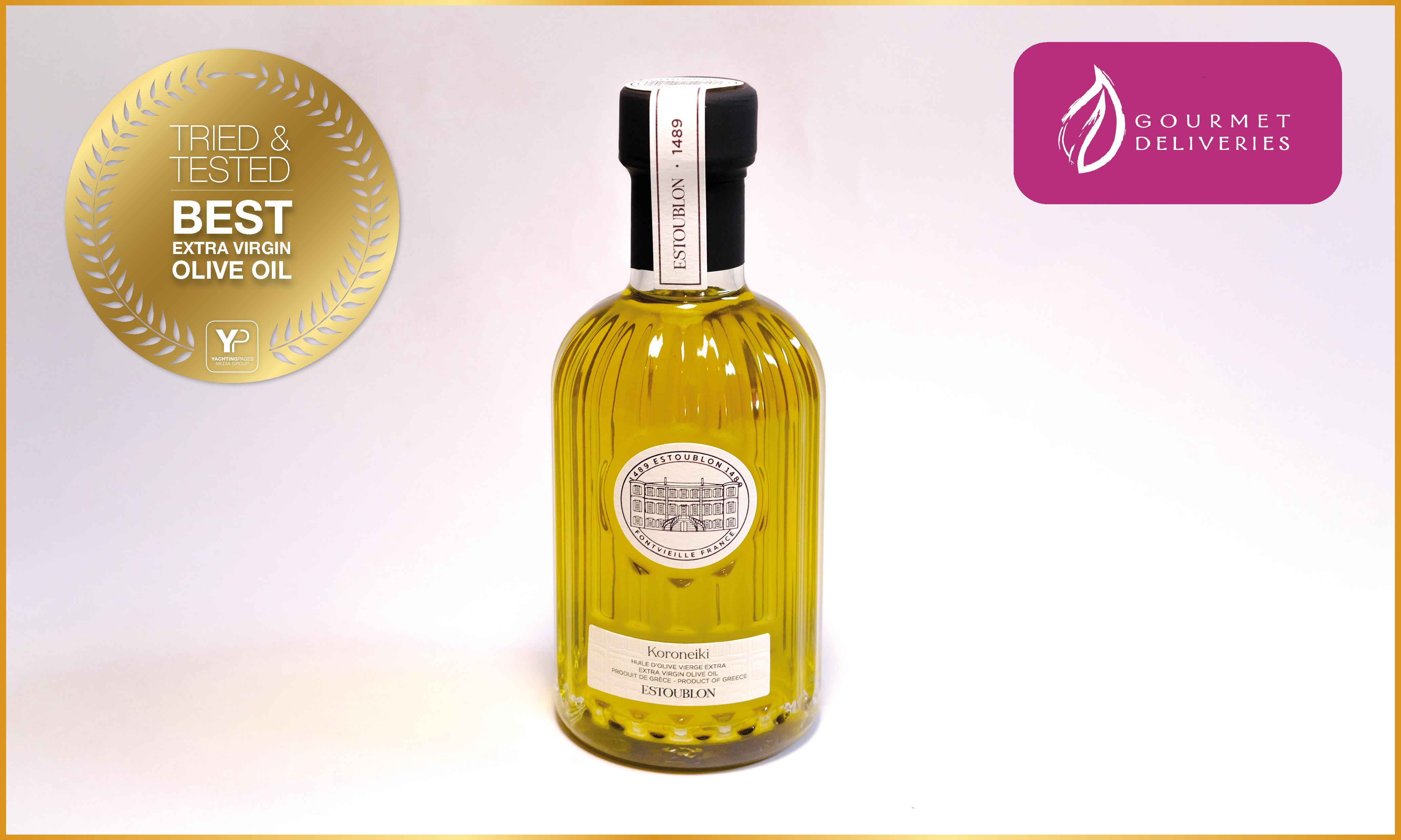 Estoulion Koroneiki extra virgin olive oil, awarded Best Olive Oil by Yachting Pages Tried & Tested panel