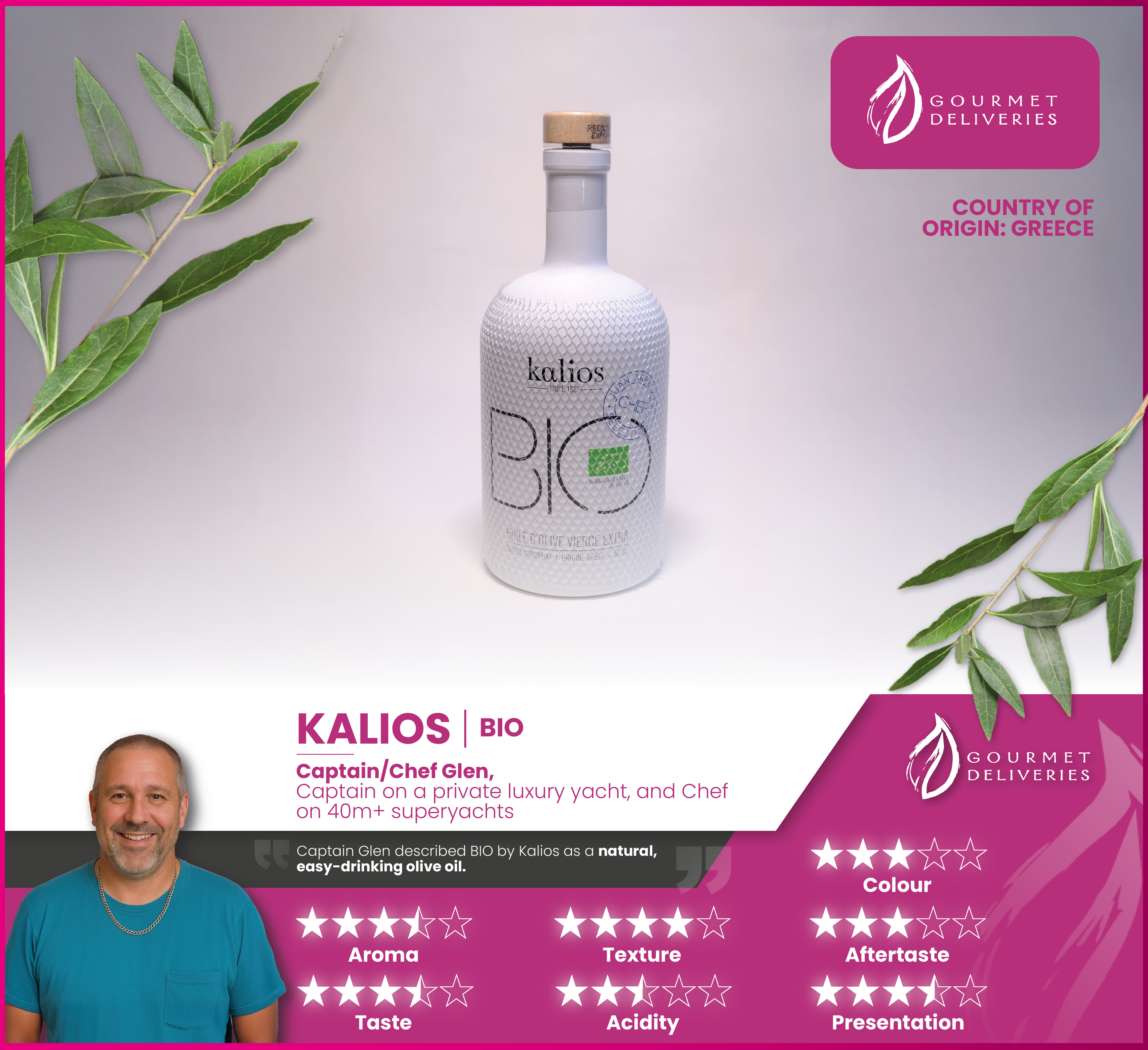 Kalios BIO Greek organic olive oil with tasting review by Captain Glen, a superyacht chef.