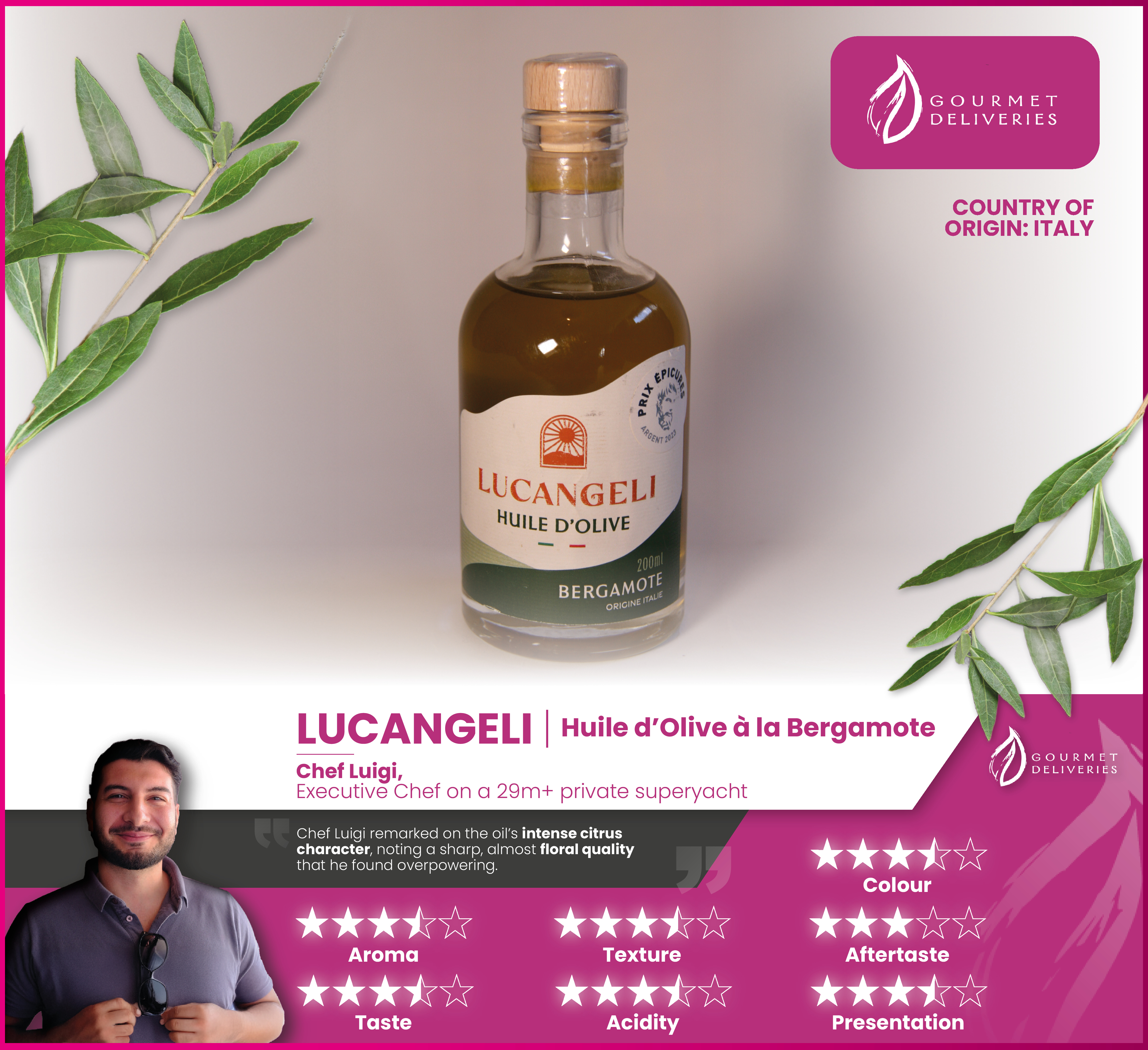 Lucangeli bergamot olive oil reviewed by Chef Luigi, who noted its intense citrus and floral character as overpowering