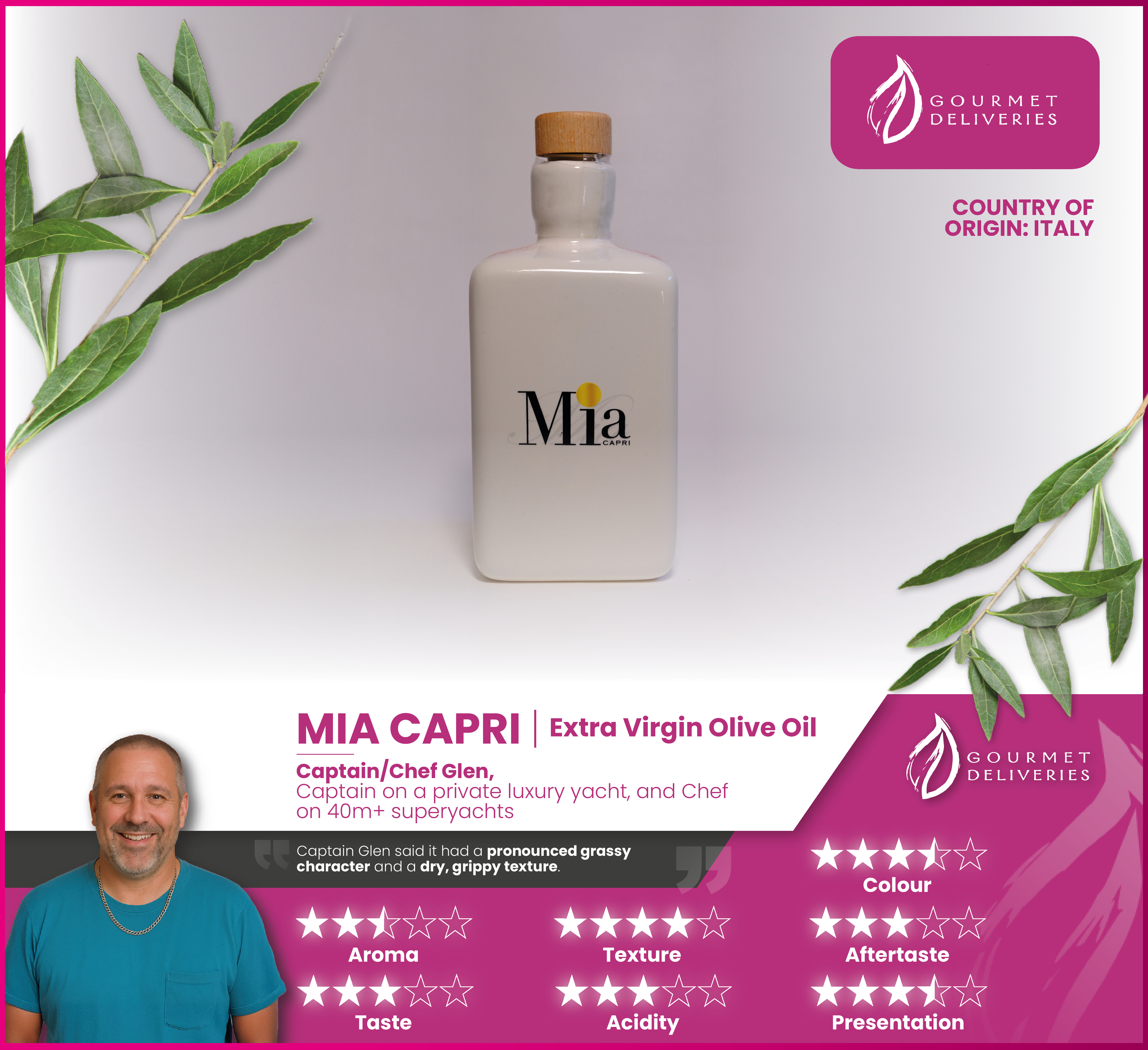 Mia Capri extra virgin olive oil reviewed by Captain Glen for its pronounced grassy character and dry, grippy texture