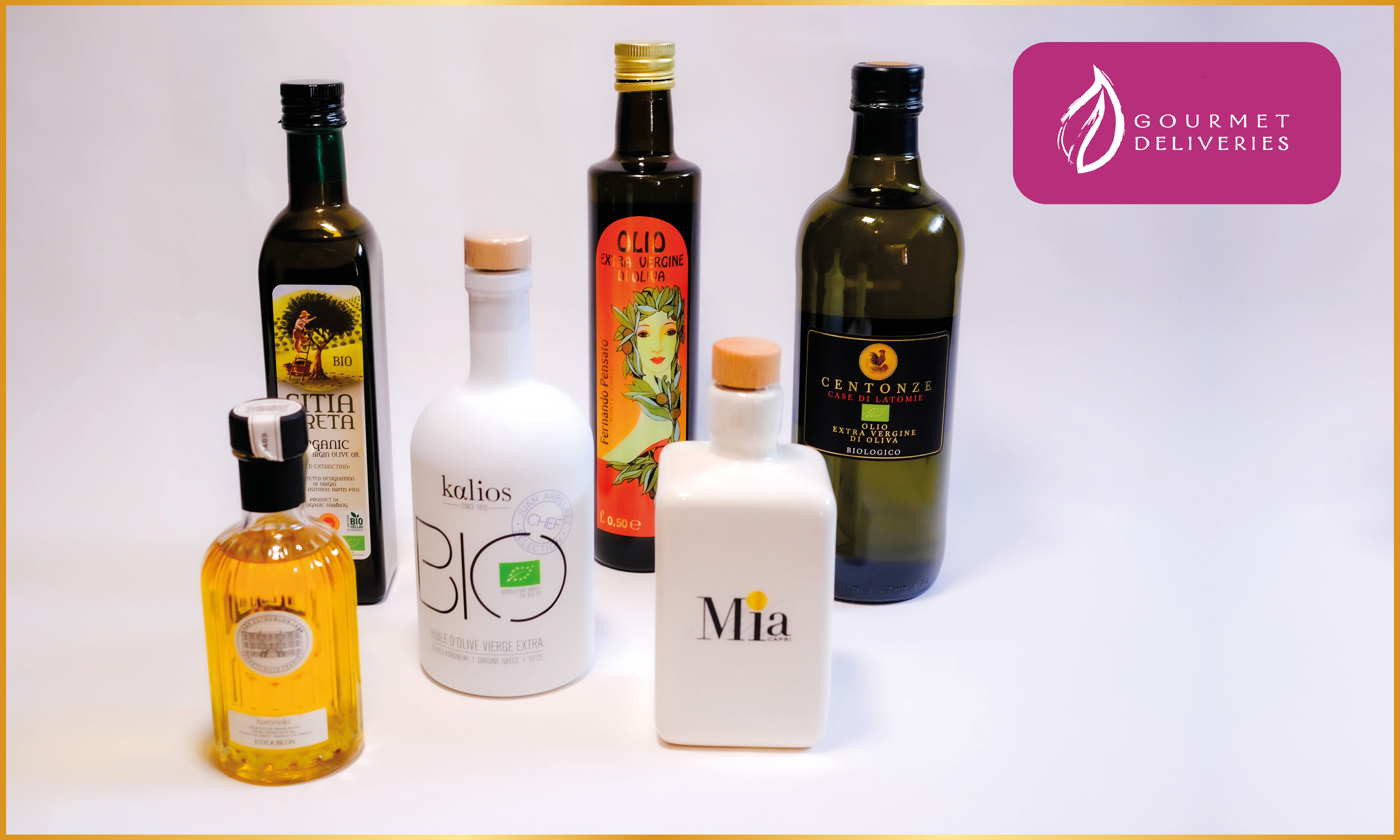 Selection of premium olive oils including Mia, Kulios, and Centonze, tested by superyacht chefs for yacht provisioning.