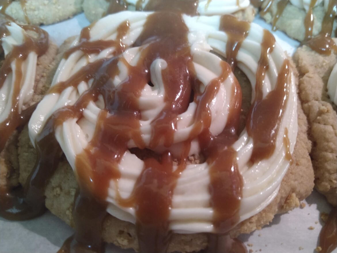 My homemade Mock Salted Caramel (salted caramel cream cheese frosting) Crumbl Cookie.
