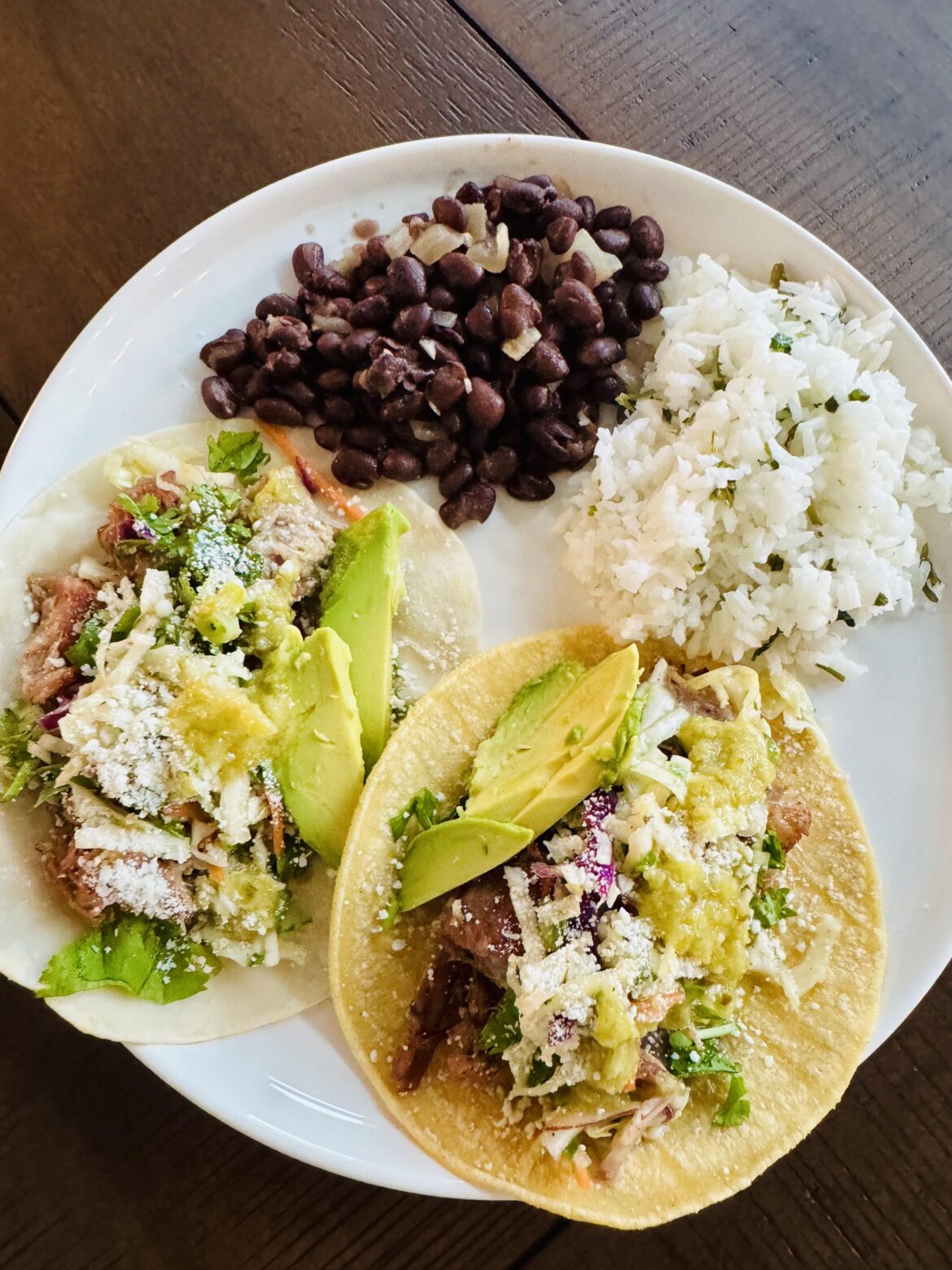 Pork Carnitas Tacos with Cilantro Lime Rice and Black Beans