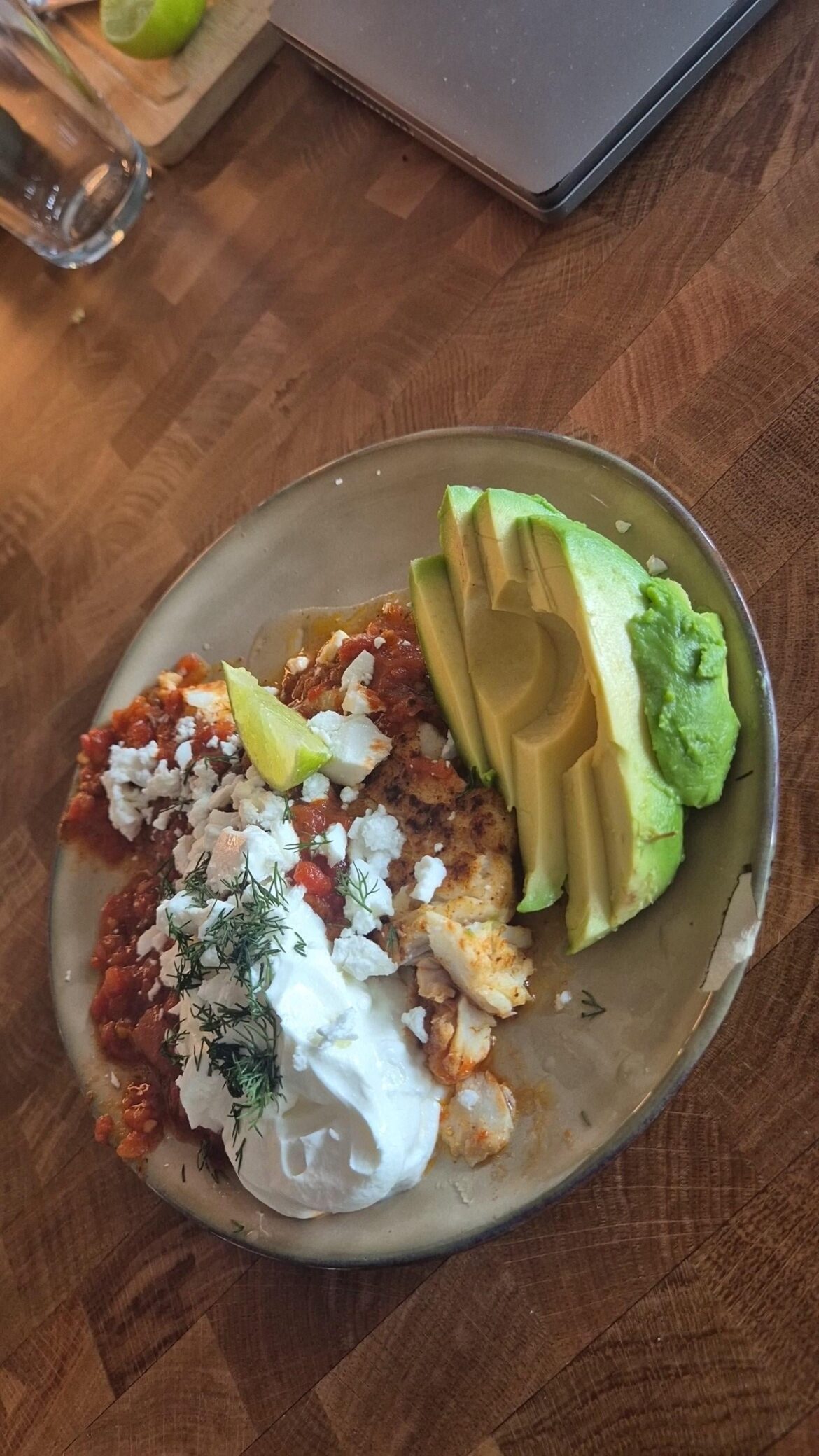 Easy weeknight dinner pan-seared Cod in salsa with feta and yogurt