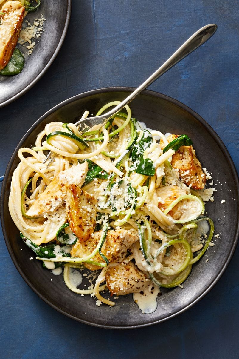 creamy chicken and zoodle recipe on a plate