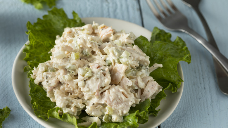Chicken salad on a plate with lettuce