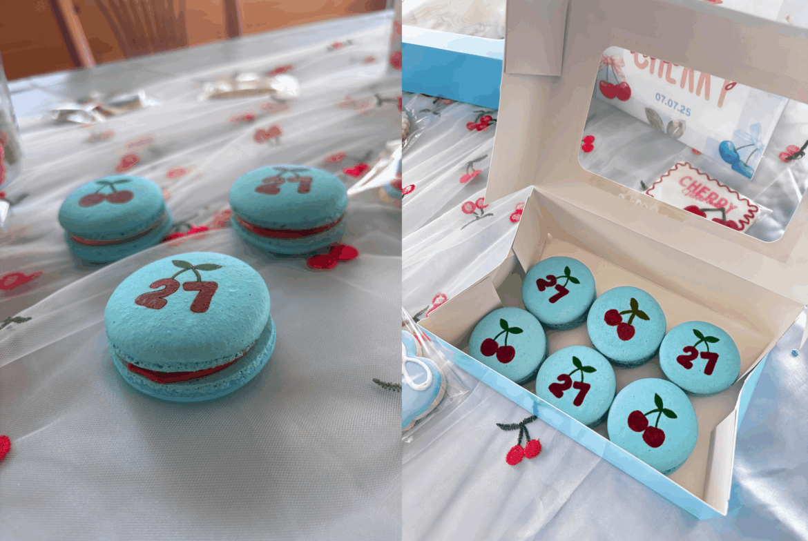 Cherry themed Macarons with Cream Cheese and Cherry Jam fillings for a 27th birthday party!