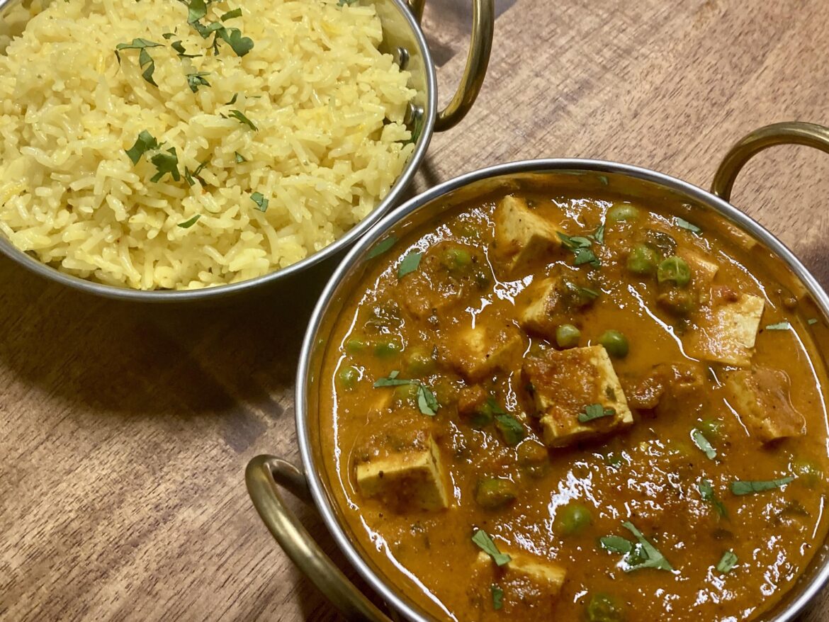 Tofu matar and saffron rice