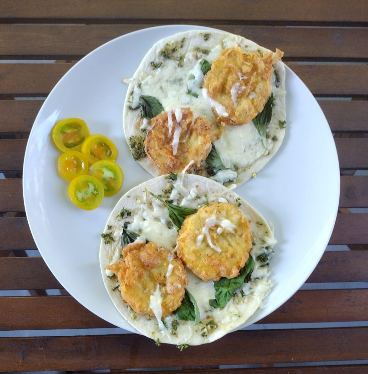 Not Tacos: Fried squash on a tortilla with fresh basil and pasted herbs, garlic and olive oil. [OC]