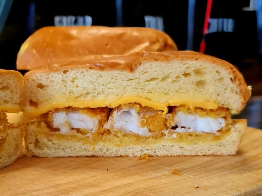 No frills fish finger and salad cream brioche